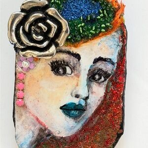 Colorful Abstract Face Art Brooch with Silver Rose Accent